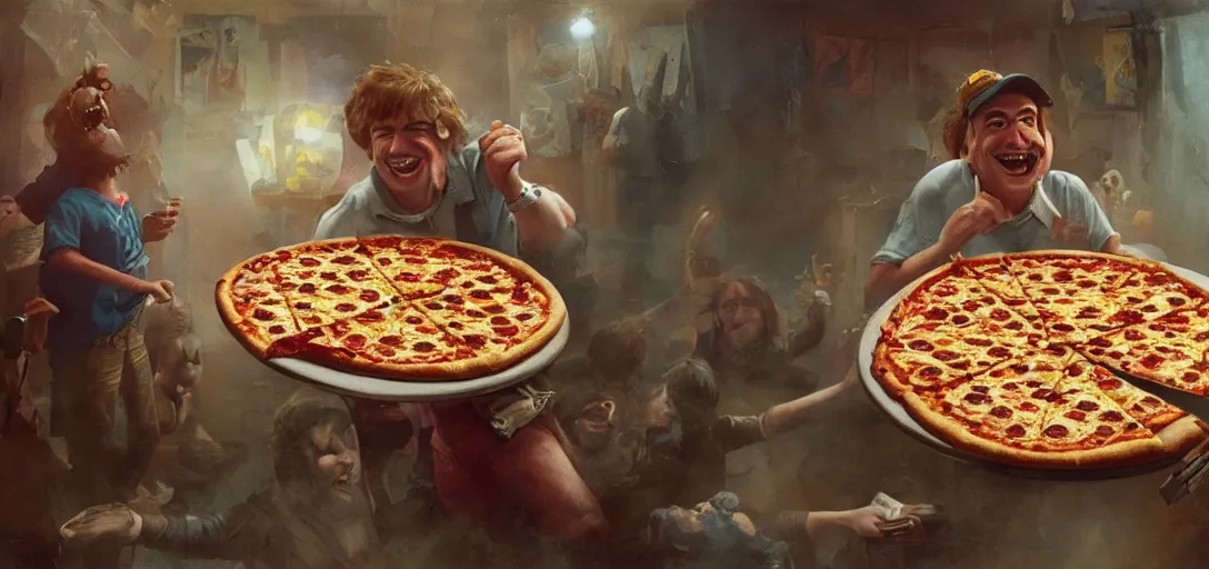 Prompt: a pizza winning the nobel peace prize, 80s style, smiling maniacally, 8k, james gurney, greg rutkowski, john howe, artstation