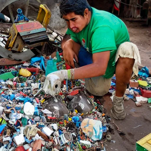 Prompt: a realistic photo of a latin american recycler making a robot with materials of the retro garbage left by people from their daily consumption, dystopic and utopic conceptual art