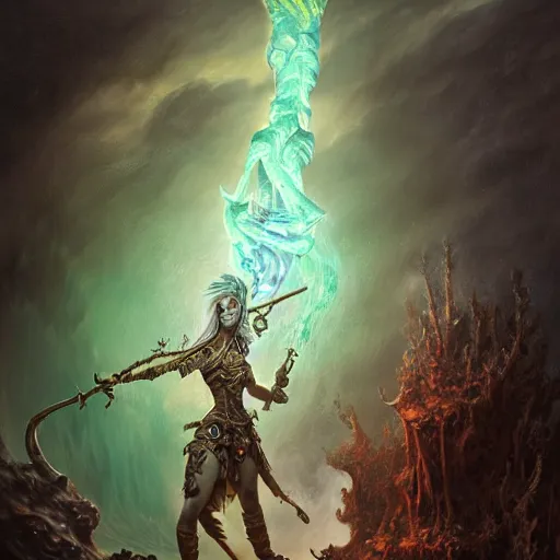 Image similar to a beautiful detailed 3d matte portrait of a triton with green hair, wearing studded leather armor, wielding a staff with a glowing red crystal, male, dungeons and dragons character, standing beside the ocean, by ellen jewett, by tomasz alen kopera, by Justin Gerard, ominous, magical realism, texture, intricate, skull, skeleton, whirling smoke, alchemist bottles, radiant colors, fantasy, volumetric lighting, high details