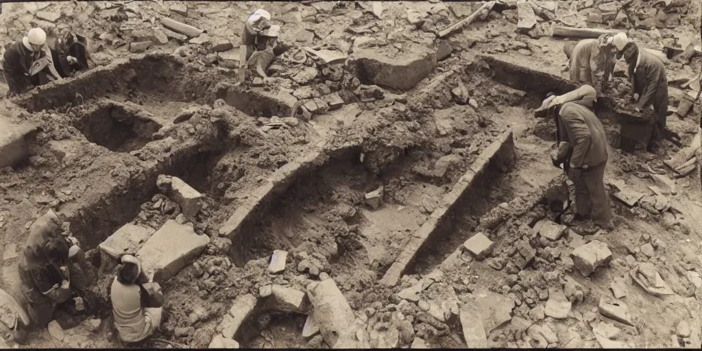 Prompt: Archaeologists Finding a plane Buried in Ruins, polaroid photo, high quality, award winning