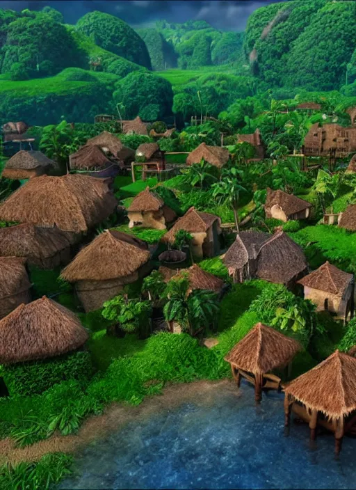 Image similar to subsurface scattering, medieval village in the middle of lush forest, from the live action film moana 4 k quality super realistic, cinematic lighting, 8 k