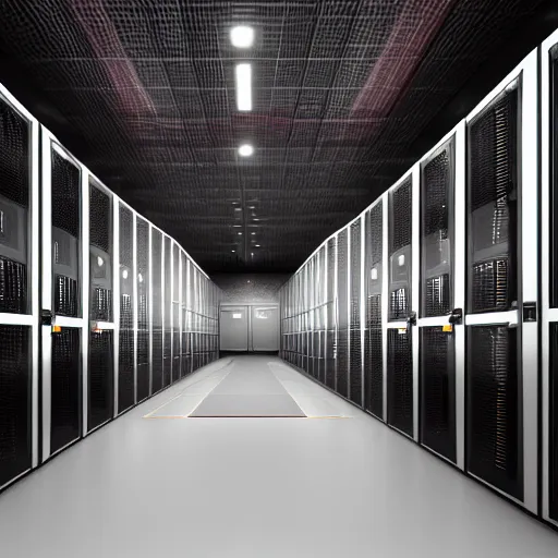 Image similar to a closeup photorealistic photograph of a ferarri themed server room in a data center. ferarri shaped servers. bright scene. fine detail. this 4 k hd image is trending on artstation, featured on behance, well - rendered, extra crisp, features intricate detail, epic composition and the style of unreal engine.