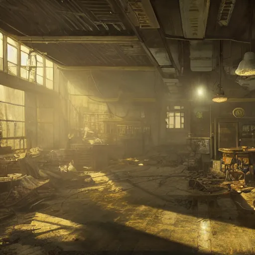 Image similar to fallout 5, indoors dilapidated shop interior, atmospheric lighting, painted, intricate, volumetric lighting, beautiful, daytime, sunny weather, slight overcast, golden hour, sharp focus, deep colours, ultra detailed, by leesha hannigan, ross tran, thierry doizon, kai carpenter, ignacio fernandez rios