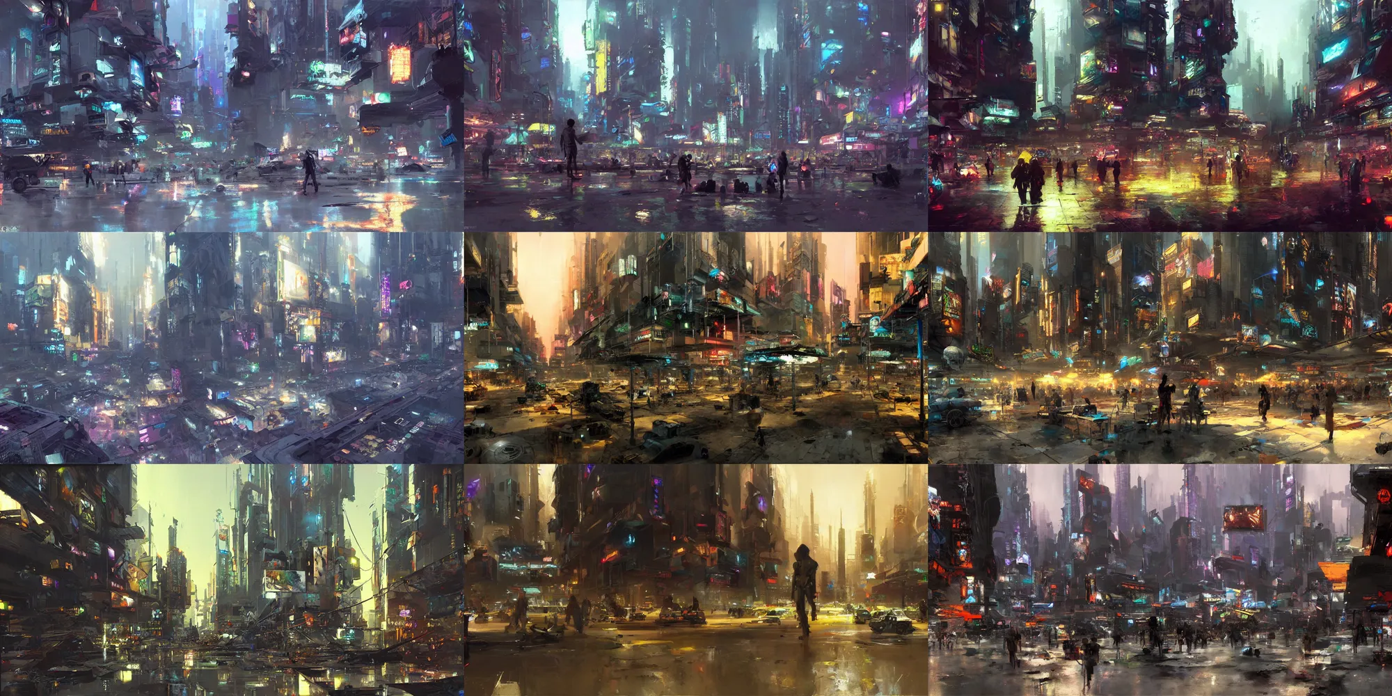 Prompt: painting by craig mullins, cyberpunk city plaza, drones, nightlife