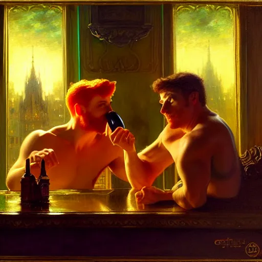 Image similar to attractive male mike with ginger hair and attractive male tyler with brunet hair, drinking their hearts out, in their noble mansion, at night. highly detailed painting by gaston bussiere, craig mullins, donato giancola, j. c. leyendecker 8 k