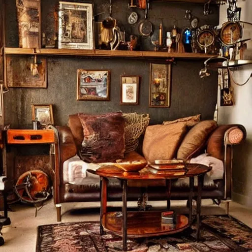 Prompt: steampunk living room, interior design, steam