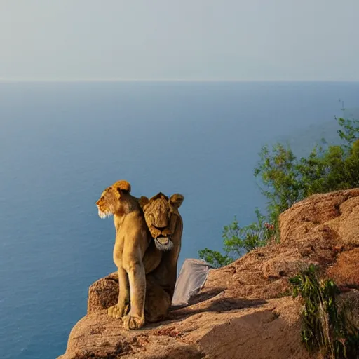 Image similar to a woman and a lion standing side by side on the ledge of a cliff. an enormous castle is in the distance. by panjoool