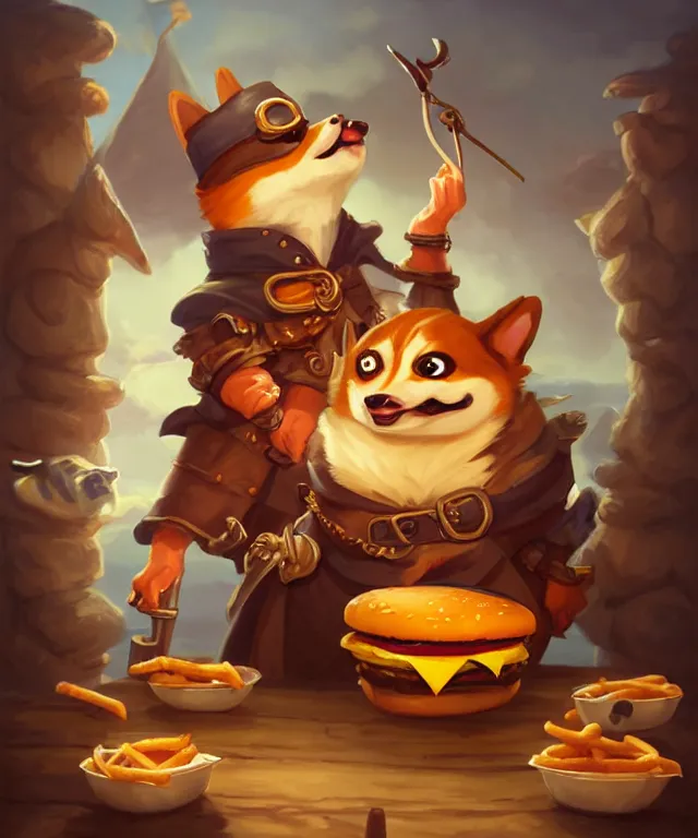 Image similar to a portrait of an anthropomorphic corgi pirate eating hamburgers and fries, restaurant in background, cute and adorable, dnd character art portrait, well rendered matte fantasy painting, deviantart artstation, by jason felix by steve argyle by tyler jacobson by peter mohrbacher, cinematic lighting