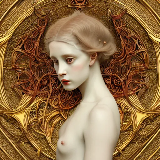 Image similar to a beautiful girl made of ivory and gold, highly intricate, digital art, very detailed, in the style of a weird and dark eerie liminal art nouveau flemish painting, 8k, octane render