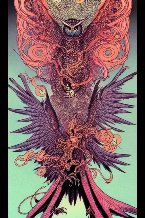 Prompt: illustration of a fire breathing owl in a suit, intricate linework, in the style of moebius, ayami kojima, 1 9 9 0's anime, retro fantasy