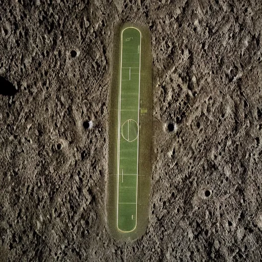 Image similar to a photography of a green soccer pitch on the moon, extreme long shot