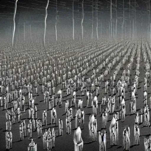 Image similar to a dystopian earth when humans are ruled by a large pointing finger and there are rows of people in shackles going to office jobs