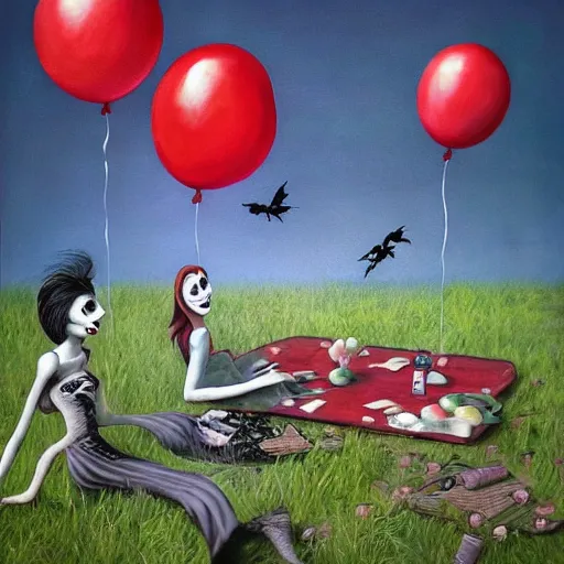 Image similar to grunge painting of a picnic with a wide smile and a red balloon by chris leib, loony toons style, pennywise style, corpse bride style, horror theme, detailed, elegant, intricate, conceptual, volumetric light