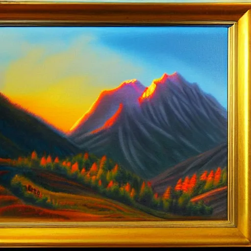 Image similar to beautiful mountain and a rising sun oil painting by spencergore