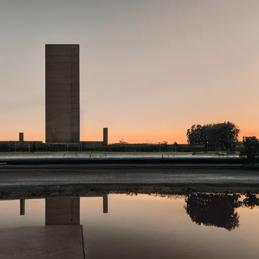 Image similar to a wide shot of a soviet beautiful brutalist monumental building, with many rounded elements sprouting from the base tower creating a feel of an organic structure, photography shot at golden hour