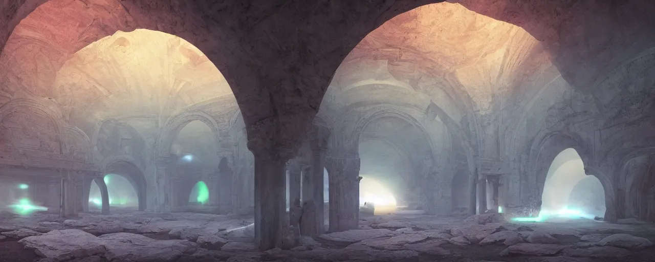 Image similar to Roman room arched windows with view of a bioluminescent forest outside::1, organic volumetric lights, cinematic, octane render, dreamlike, psychedelic, otherworldly, weird, vaporwave, interesting details, volumetric lighting, dramatic, fantasy, by Moebius, by zdzisław beksiński, Fantasy LUT, epic composition, 8k,