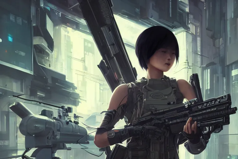 Image similar to young female japanese sniper aiming a railgun sniper rifle, neon, cyberpunk, futuristic, full cybernetic combat suit, short bob haircut, stunning, highly detailed, digital painting, smooth, soft focus, illustration, ghost in the shell, 4 k digital art from artstation by artgerm and greg rutkowski and alphonse mucha