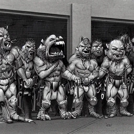 Image similar to orcs standing outside of a Walmart, protesting the working conditions, High detail, 1998