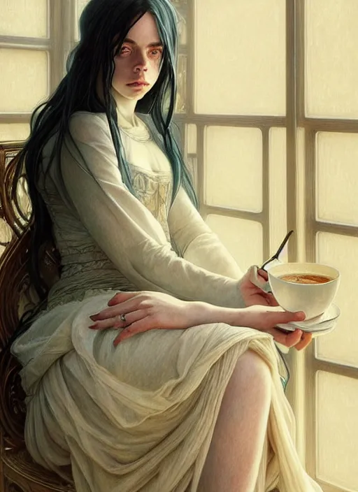 Prompt: Billie Eilish, sitting in a cafe, fantasy, intricate, elegant, highly detailed, digital painting, pale skin, artstation, concept art, matte, sharp focus, illustration, art by Artgerm and Greg Rutkowski and Alphonse Mucha