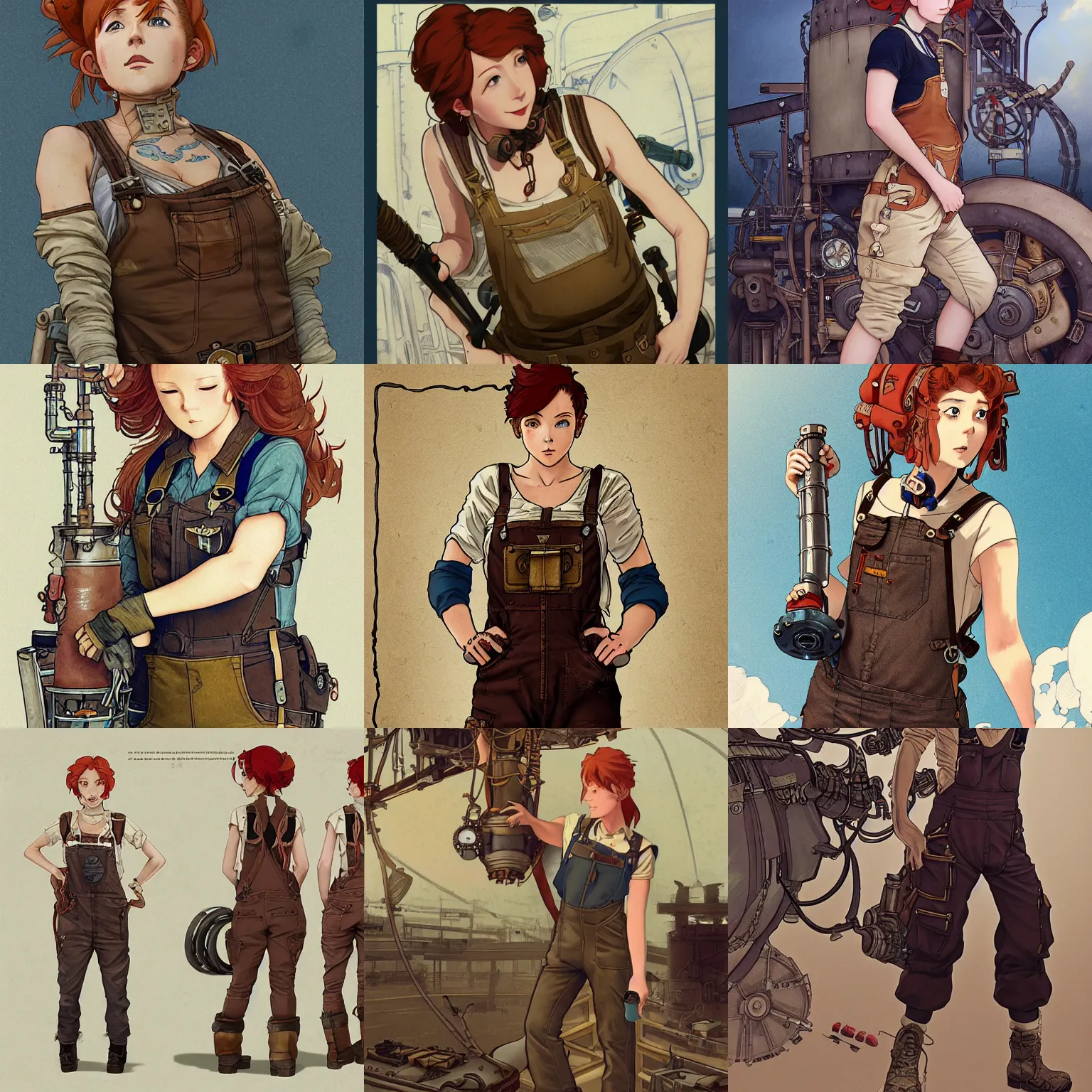 Prompt: Portrait of an airship mechanic wearing a tank top and dungarees, steampunk, redhead, prosthetic arm, highly detailed, artstation, digital illustration, concept art, by Kyoto Animation and Studio Ghibli, by tian zi and Alphonse Mucha