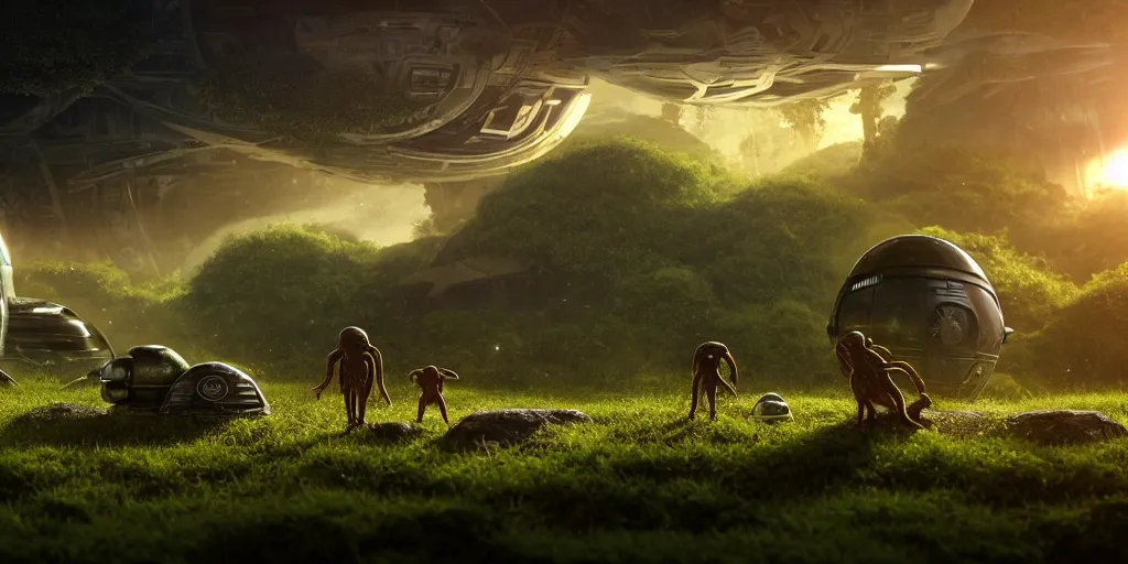 Image similar to a huge futuristic rusty old alien spaceship, next to it a smaller exploration vehicle on a landing pad, surrounded by a lush alien jungle, in the foreground two explorers are arguing next to tiny animals!!, (the animals are walking around), sunset, volumetric light, hyperdetailed, artstation, cgsociety, 8k