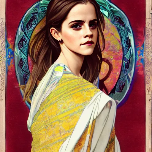 Prompt: emma watson, wearing assamese mekhela bihu saree, symmetrical face, symmetrical body, artgerm, flowing hair, portrait, muted colors, artstation, character concept art, border and embellishments inspiried by alphonse mucha, fractals in the background, galaxy