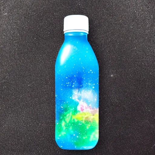 Prompt: galaxy in a Dasani bottle