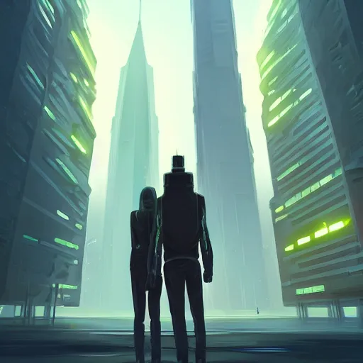 Image similar to a couple of people standing in front of a tall building, cyberpunk art by christopher balaskas, trending on artstation, space art, dystopian art, sci - fi, futuristic