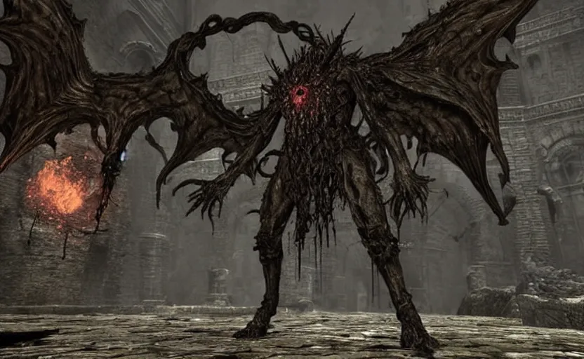 Prompt: the scariest eldritch horror to have ever been added to Dark Souls, impossible to beat at least due to the sheer helplessness you feel when facing this boss