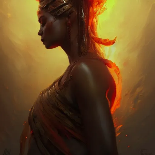 Image similar to a beautiful portrait of a fire goddess with closed eyes by greg rutkowski and raymond swanland, trending on artstation, flaming background, ultra realistic digital art