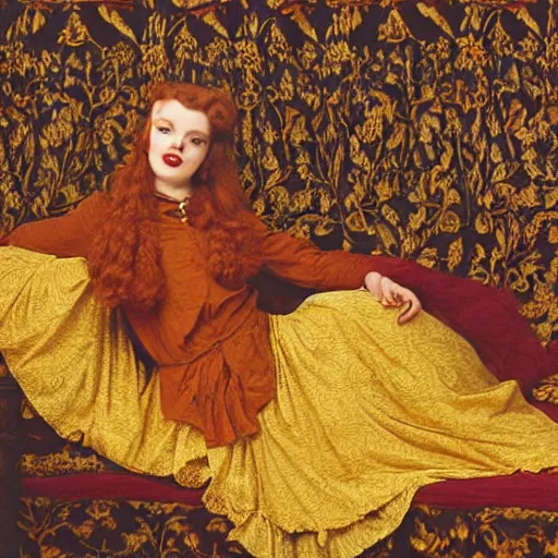 Prompt: preraphaelite photography reclining on bed, a hybrid of judy garland and lady gaga, aged 2 5, big brown fringe, yellow ochre ornate medieval dress, william morris, 4 k