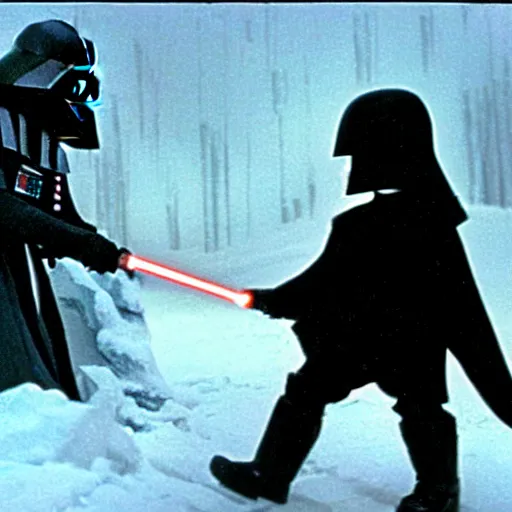 Prompt: darth Vader as a small child attacking the rebel base on Hoth