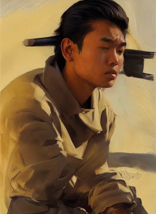 Image similar to greg manchess portrait of a filipino young man sitting on a tank, asymmetrical, profile picture, organic painting, sunny day, matte painting, bold shapes, hard edges, street art, trending on artstation, by huang guangjian, gil elvgren, ruan jia, randy vargas, greg rutkowski