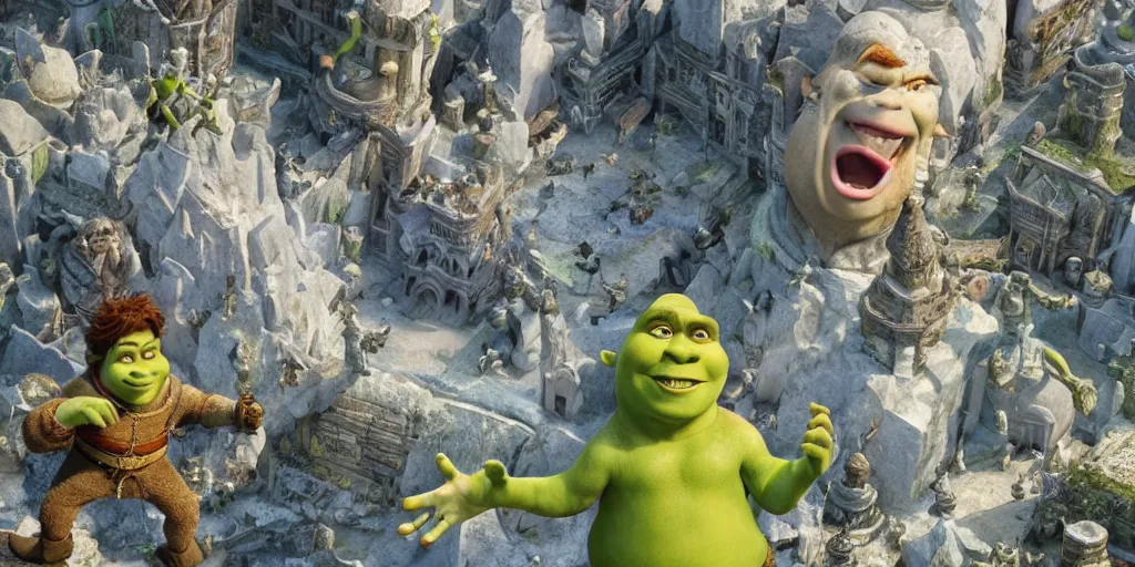 Prompt: shrek versus god, marble, realistic 4 k octane beautifully detailed render, 4 k post - processing, highly detailed, intricate complexity, epic composition, magical atmosphere, cinematic lighting, masterpiece, ultra hd