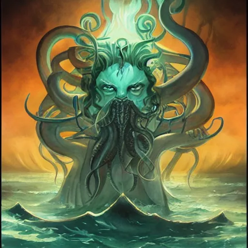 Image similar to cthulu lord of the seas by peter mohrbacher, watercolor