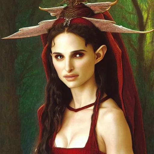 Prompt: head and shoulders portrait 3 5 mm photo from “ lord of the rings ” of natalie portman as a female elf sorceress, by kuvshinov ilya, wayne barlowe, gustav klimt, artgerm, and william - adolphe bouguereau