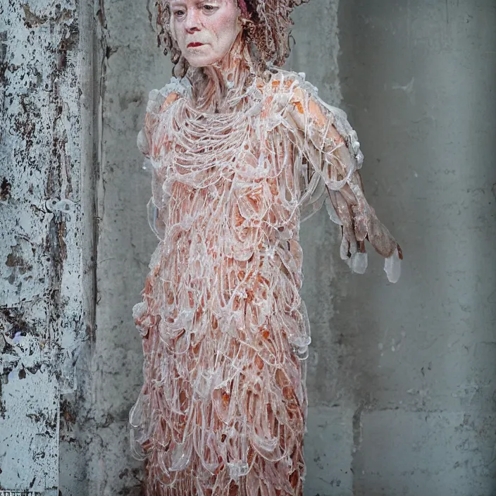 Prompt: a closeup portrait of a woman wearing a dress made of jelly fish and eels, standing in a derelict building, color photograph, by vincent desiderio, canon eos c 3 0 0, ƒ 1. 8, 3 5 mm, 8 k, medium - format print