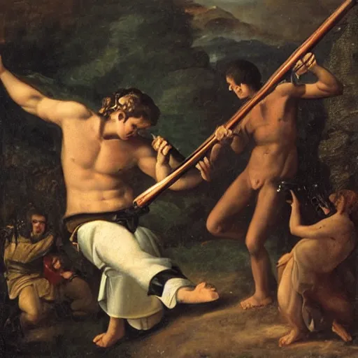 Image similar to cupido holding a rifle follows a prisoner