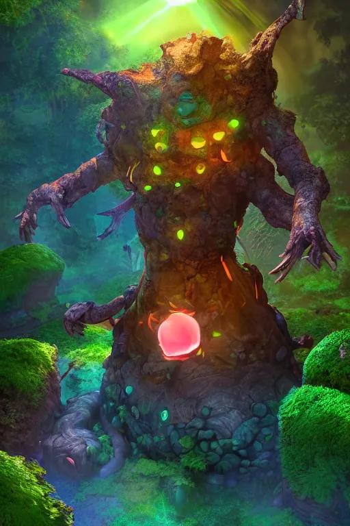 Image similar to arcane fantasy art giant golem elemental wood rock bastion forged gemstone enchanted forest troll, global illumination ray tracing hdr fanart arstation by sung choi and eric pfeiffer and gabriel garza and casper konefal lisa frank zbrush central hardmesh radiating a glowing aura