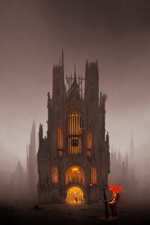 Prompt: illustration of close - up street view of gothic pipe organ, night, smoke, ground fog, by peter mohrbacher, by alex andreev, by jacek yerka, large depth of field, super detailed, digital art, trending on artstation, minimalism