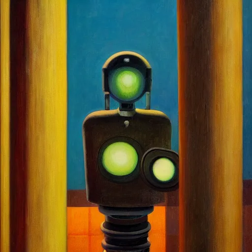 Image similar to view from bottom of a shaft looking up, robot overlords peering down, pj crook, edward hopper, oil on canvas