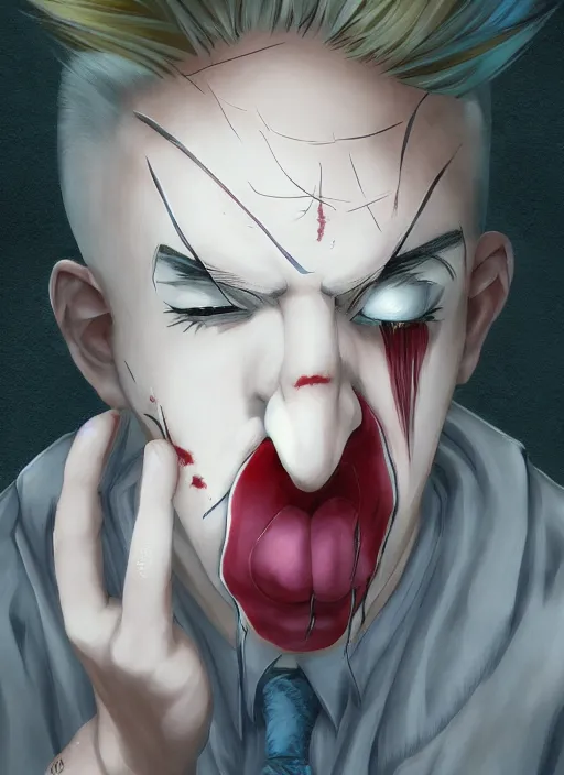 Image similar to portrait of the depressed clown removing his makeup, anime fantasy illustration by tomoyuki yamasaki, kyoto studio, madhouse, ufotable, trending on artstation