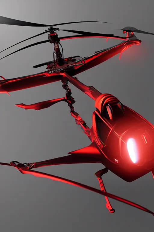 Prompt: futuristic flying helicopter robot with glowing red eyes, digital art, fantasy, trending on artstation, professional illustration, cgsociety, ultra detailed