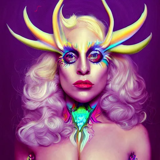 Image similar to an extremely psychedelic portrait of lady gaga as baphomet, surreal, lsd, face, detailed, intricate, elegant, lithe, highly detailed, digital painting, artstation, concept art, smooth, sharp focus, illustration,