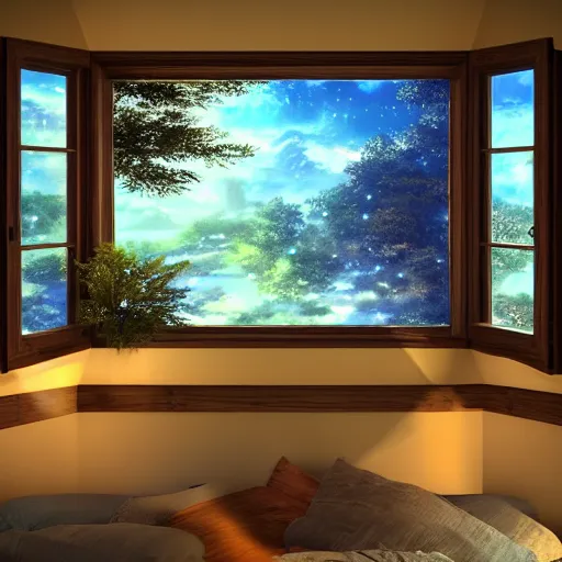 Image similar to a heavenly dream view from the interior of my cozy house from a Makoto Shinkai oil on canvas inspired pixiv dreamy scenery art majestic fantasy scenery cozy window frame fantasy pixiv scenery art inspired by magical fantasy exterior