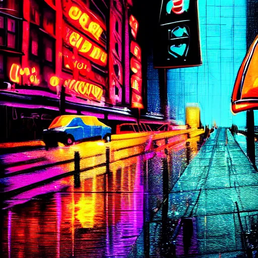 Image similar to realism retro-futuristic new-york robots city grafitti neon rain reflection,8k