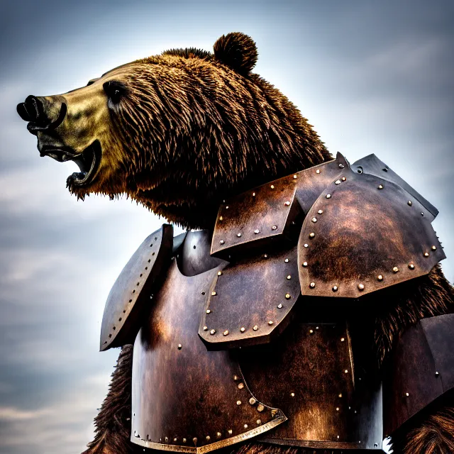 Prompt: photo of a armoured bear warrior, highly detailed, 8 k, hdr, close up, smooth, sharp focus, high resolution, award - winning photo