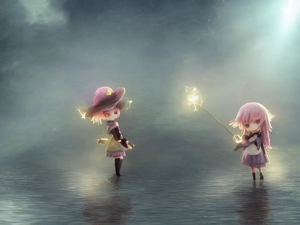 Image similar to cute fumo plush girl witch standing in reflective murky river water, volumetric fog and smoke, light shafts shining through the dusky light, moonglow, lens flare, chibi anime, vray