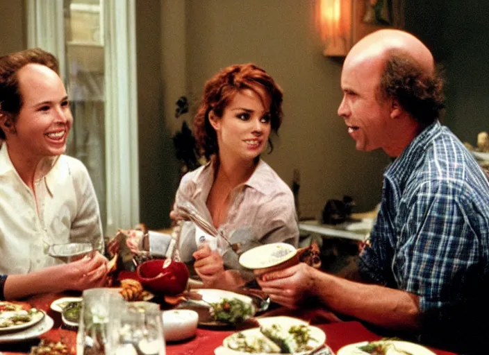 Prompt: film still of Clint Howard and Isla Fischer having dinner in the new You've Got Mail movie, 4k