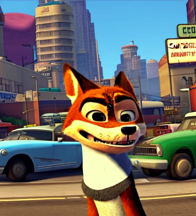 Image similar to Screenshot of Grand Theft Auto: San Andreas loading screen featuring Nick Wilde (from Zootopia)